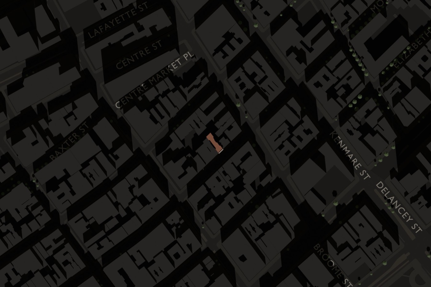 Plan of the blocks around 167 Mott Street, every building at its recorded roof height, the door in brick